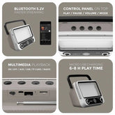 Multimedia player with features highlighted on a gray background